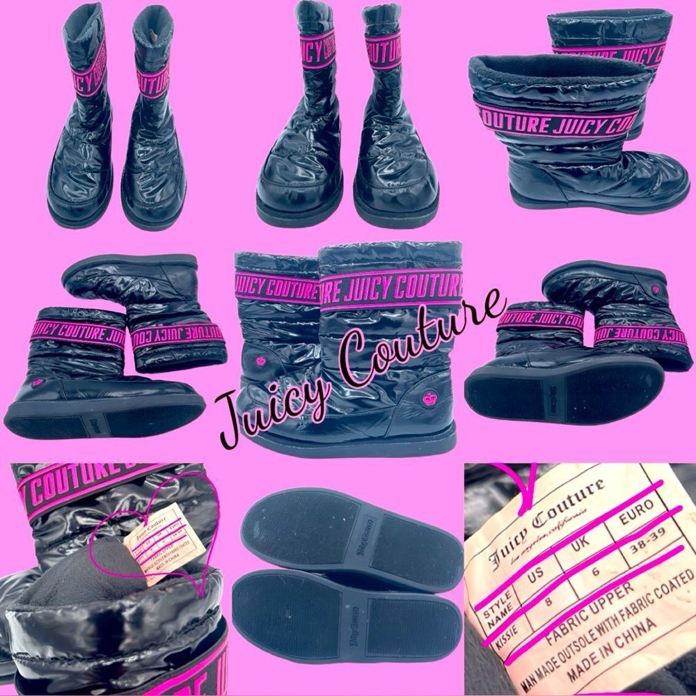 EUC JUICY COUTURE KISSIE BLACK WITH PINK LETTERING WOMENS BOOTS SIZE 8